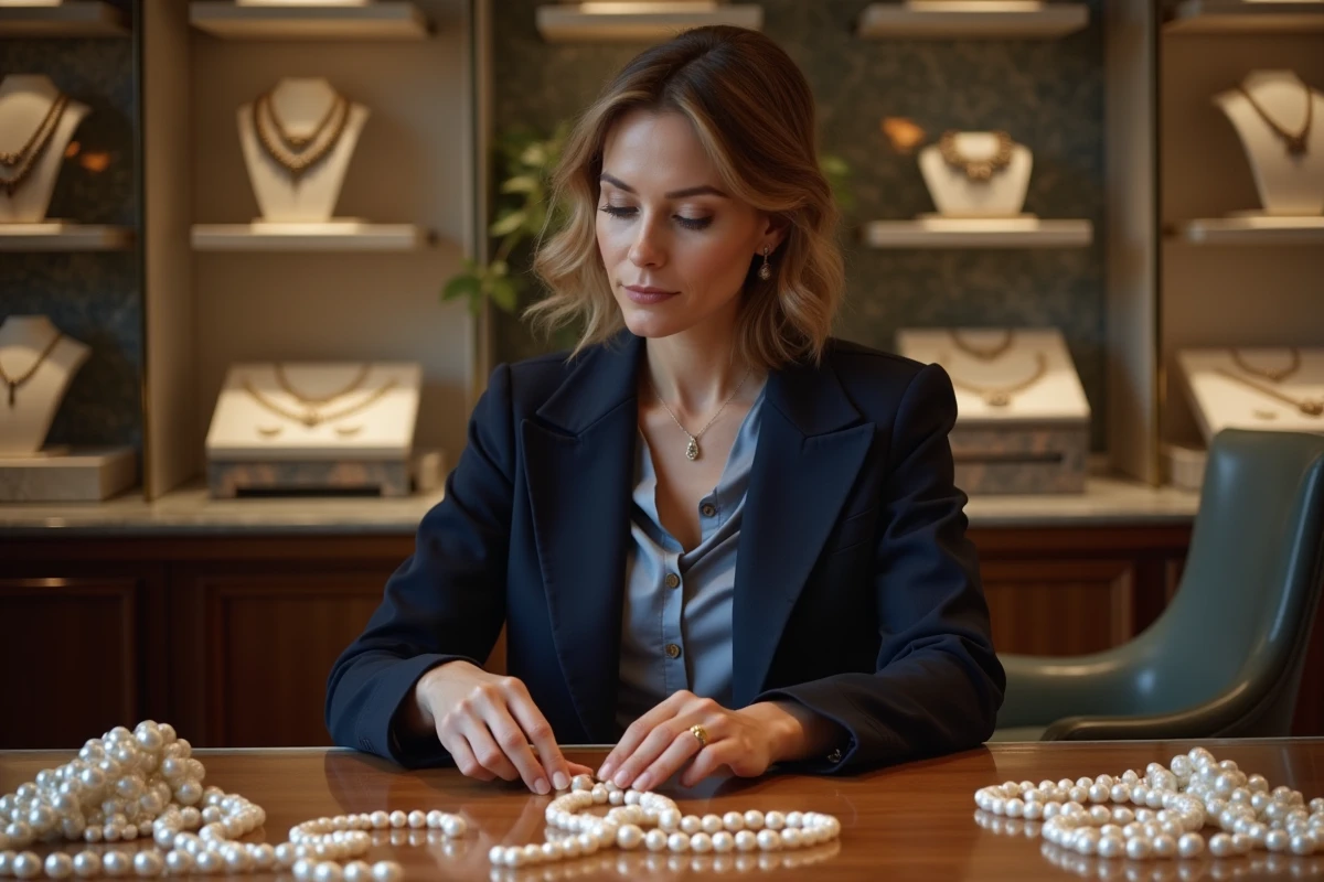 Femme élégante examinant des perles naturelles et cultivées