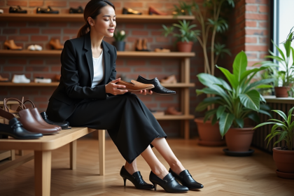 Femme élégante compare trois paires de chaussures en boutique
