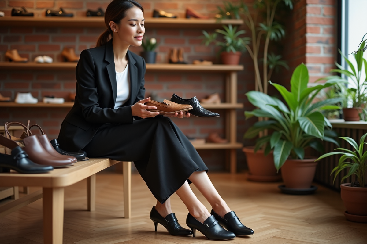 Femme élégante compare trois paires de chaussures en boutique
