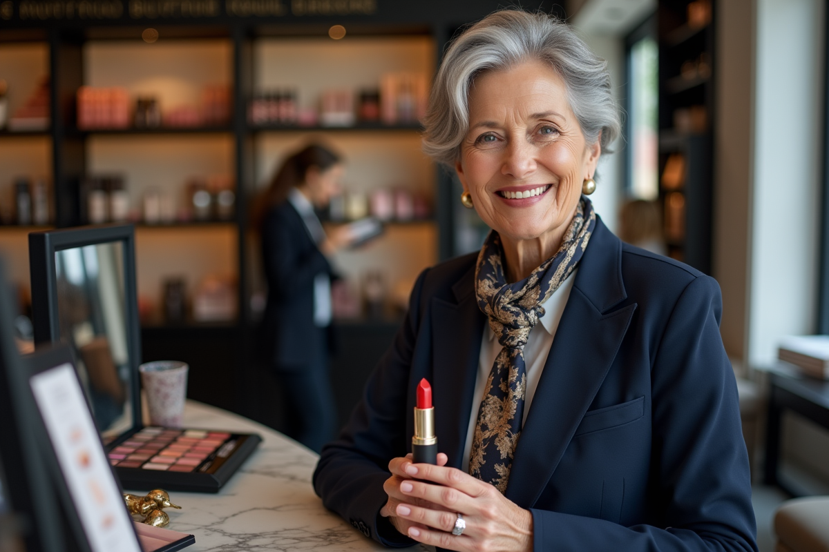 Femme élégante souriante avec rouge à lèvres en boutique
