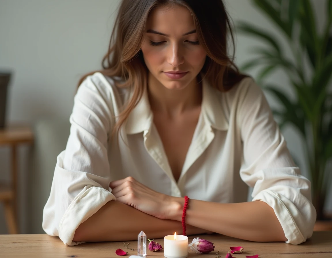 Femme portant un bracelet fil rouge 7 nœuds lors d'un rituel d'activation avec cristal et bougie
