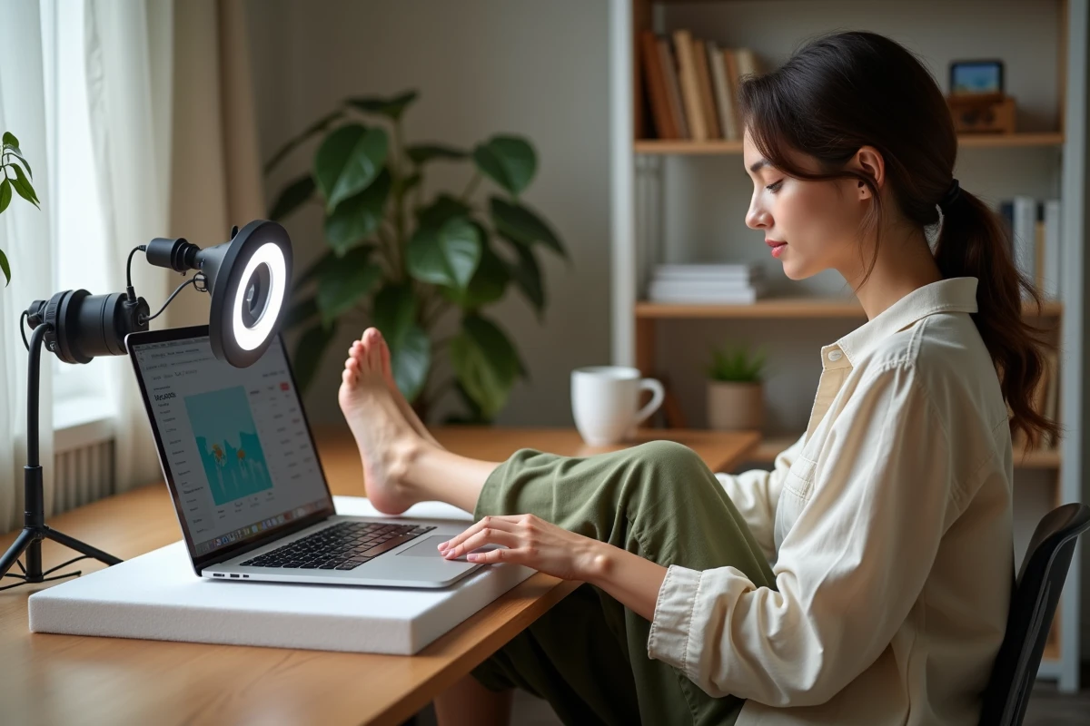 Femme en télétravail configurant un espace photo pour vendre des photos de pieds sur internet depuis son bureau