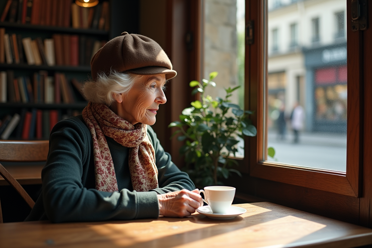 Femme âgée dans un café parisien avec chapeau en laine