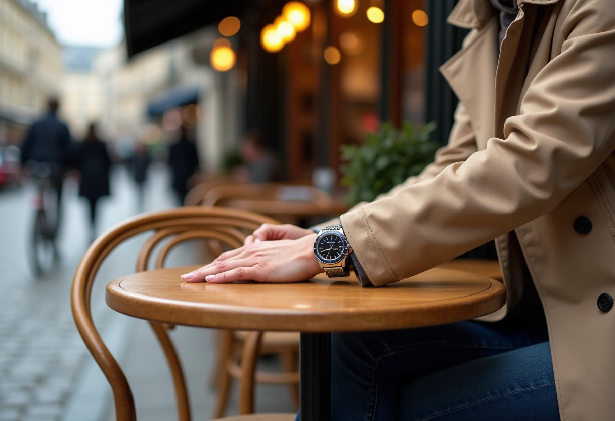 Femme portant une montre de luxe dans un café parisien en plein air