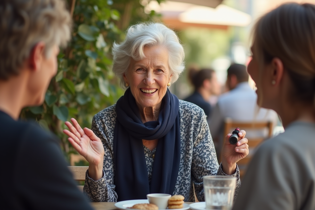 Femme senior souriante à une terrasse de café en discutant