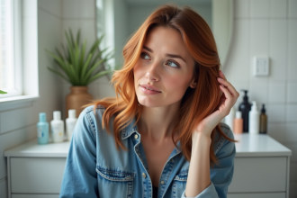 Femme aux cheveux auburn dans sa salle de bain