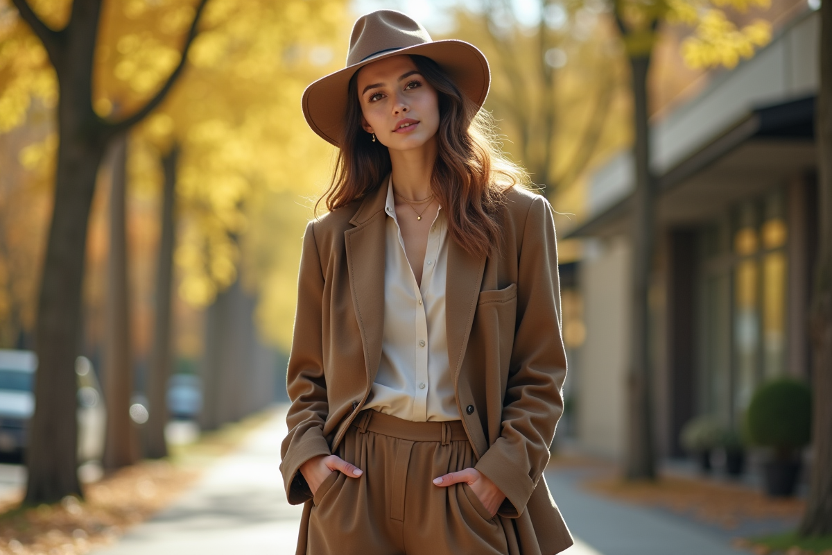 Jeune femme élégante portant un chapeau et blazer en extérieur