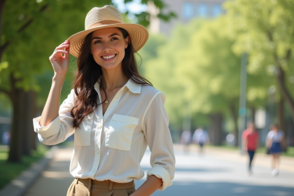 Femme &eacute;l&eacute;gante en blouse en lin dans un parc urbain