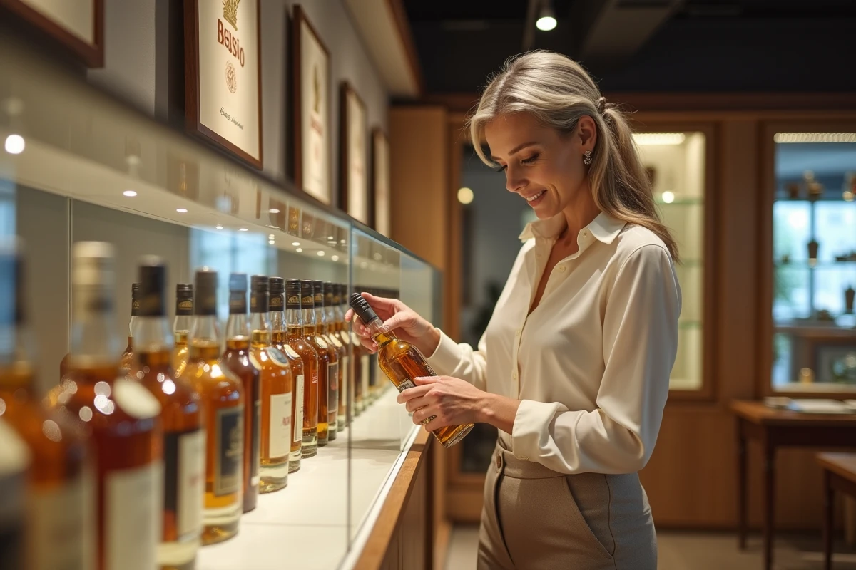 Femme sophistiquée plaçant une bouteille dans une vitrine d
