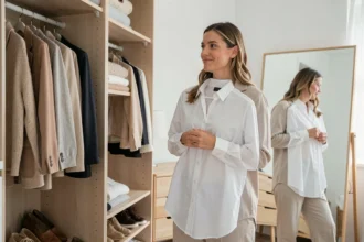 Femme devant un dressing ouvert tenant une chemise blanche, conseils de styliste pour valoriser sa garde-robe existante