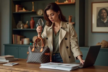Femme &eacute;l&eacute;gante v&eacute;rifiant un sac de luxe avec loupe