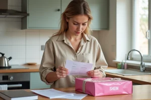 Jeune femme examinant une facture de livraison SHEIN avec des frais inattendus dans une cuisine moderne