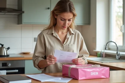 Jeune femme examinant une facture de livraison SHEIN avec des frais inattendus dans une cuisine moderne