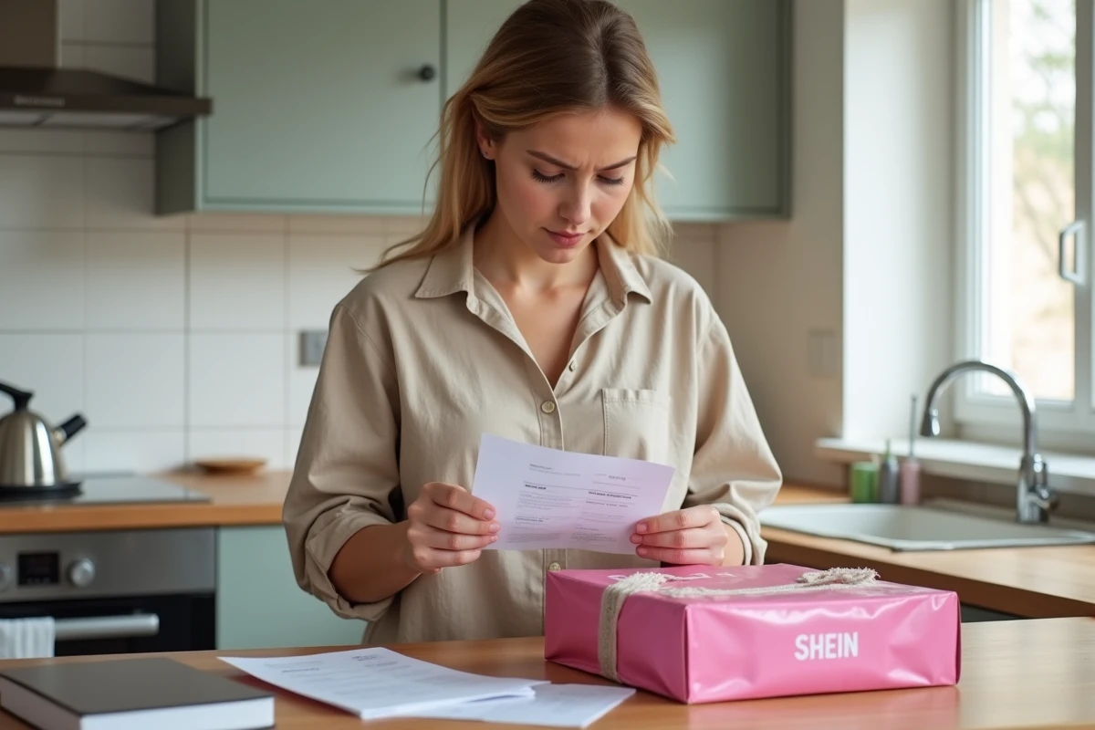 Jeune femme examinant une facture de livraison SHEIN avec des frais inattendus dans une cuisine moderne