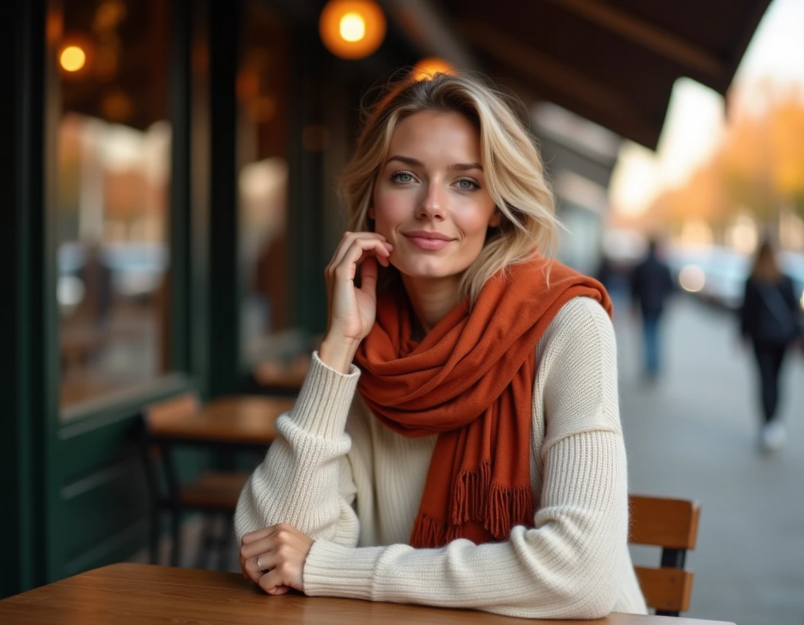 Femme assise en terrasse de caf&eacute; portant un ch&egrave;che terracotta autour du cou en automne