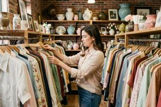 Femme parcourant les rayons d'une friperie seconde main remplie de vêtements vintage