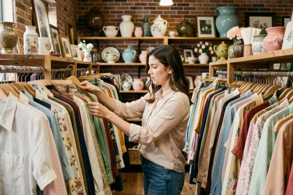 Femme parcourant les rayons d'une friperie seconde main remplie de vêtements vintage