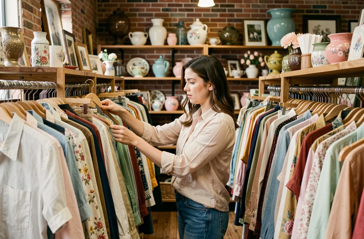 Femme parcourant les rayons d'une friperie seconde main remplie de vêtements vintage