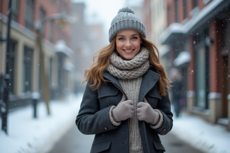 Jeune femme souriante en hiver dans la ville