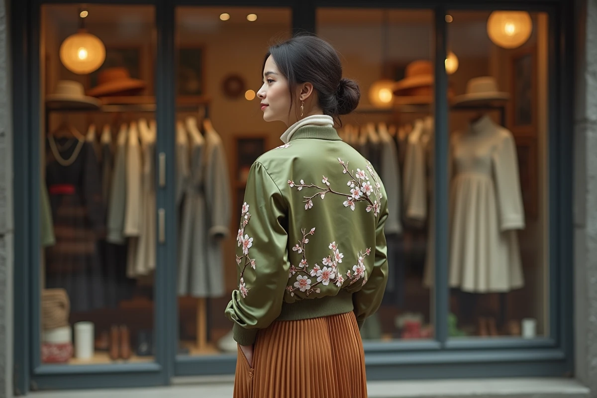 Femme devant une boutique vintage portant une jacket Souvenir vert olive brodée de fleurs de cerisier avec une jupe plissée camel et des bottines marron