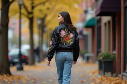 Jeune femme portant une jacket Souvenir noire brodée avec un jean droit et des sneakers blanches dans une rue urbaine en automne