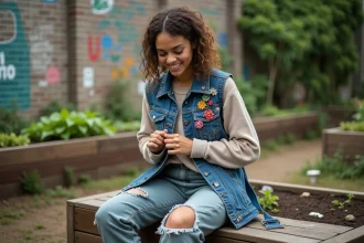 Femme dans un jardin urbain en denim recyclé et patchwork