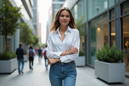 Femme en jean blanc dans une rue urbaine moderne