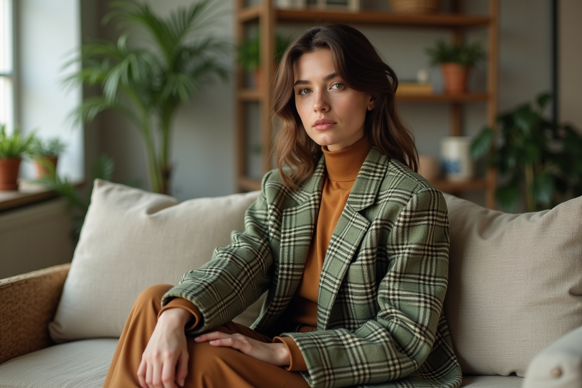 Femme assise dans un loft portant un manteau à carreaux tendance