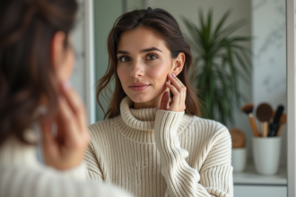 Femme regardant son visage dans le miroir en toute naturel