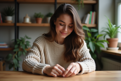 Jeune femme posant un anneau sur son doigt dans un intérieur moderne