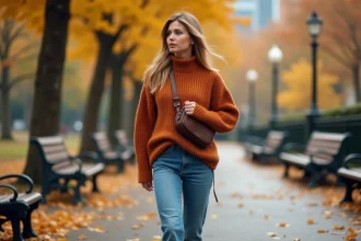 Femme élégante en automne dans un parc urbain