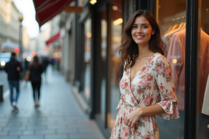 Femme élégante en robe florale devant boutique urbaine