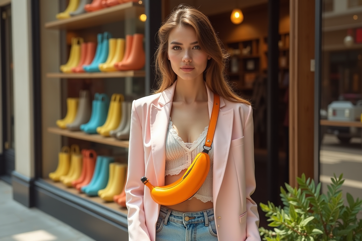 Jeune femme mode portant sac banane orange en ville