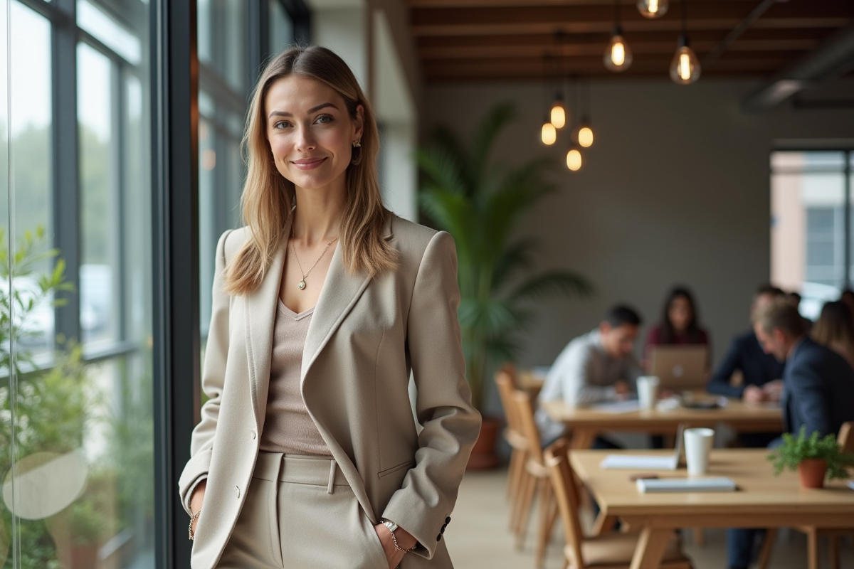 Femme élégante en tailleur dans un espace de coworking