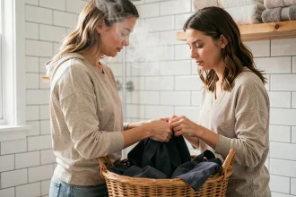 Femme rangeant des vêtements sales dans un panier à linge en osier dans une salle de bain propre et organisée