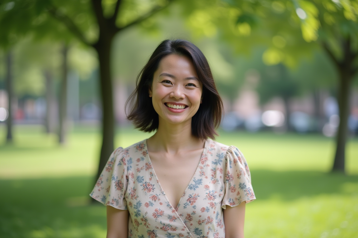 Femme confiante dans un parc verdoyant avec blouse florale