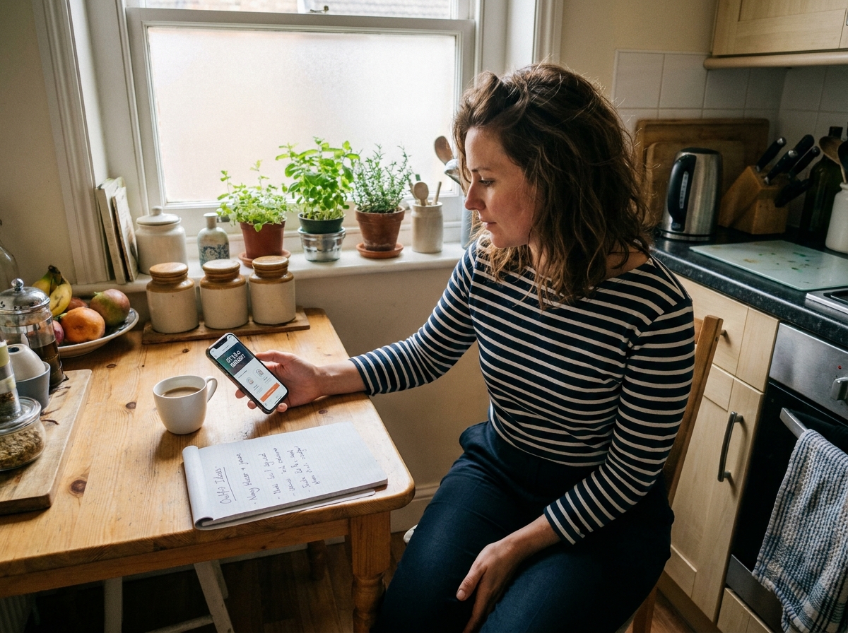Femme planifiant ses tenues stylées et économiques à domicile avec un smartphone et un carnet, dans une cuisine chaleureuse et réaliste