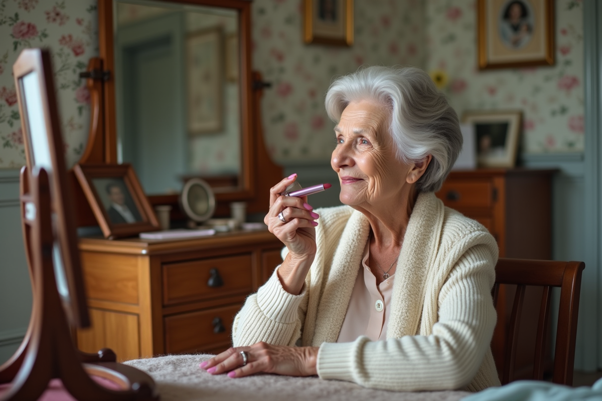 Femme senior appliquant un rouge à lèvres rose dans un cadre vintage