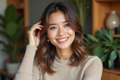 Femme souriante en salon lumineux avec cheveux ondules