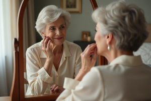 Femme senior appliquant rouge à lèvres dans un miroir