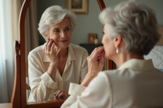 Femme senior appliquant rouge à lèvres dans un miroir
