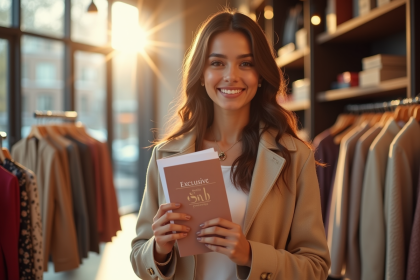Jeune femme souriante tenant invitations à la vente privée dans une boutique élégante