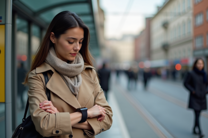 Femme élégante vérifiant sa smartwatch au tramway