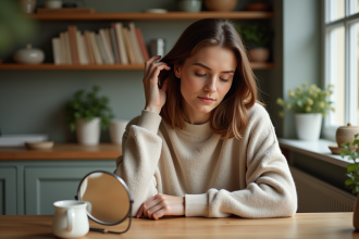 Femme se coiffant dans un intérieur chaleureux et naturel