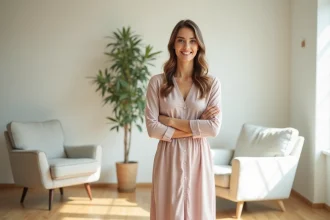 Femme souriante dans un salon lumineux en coton pastel