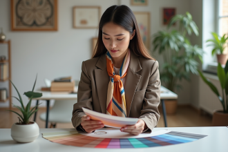 Femme élégante étudie des échantillons de couleur dans un studio moderne