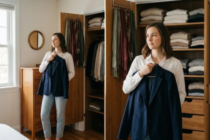 Femme choisissant une tenue stylée et abordable devant son armoire organisée avec des vêtements basiques et neutres