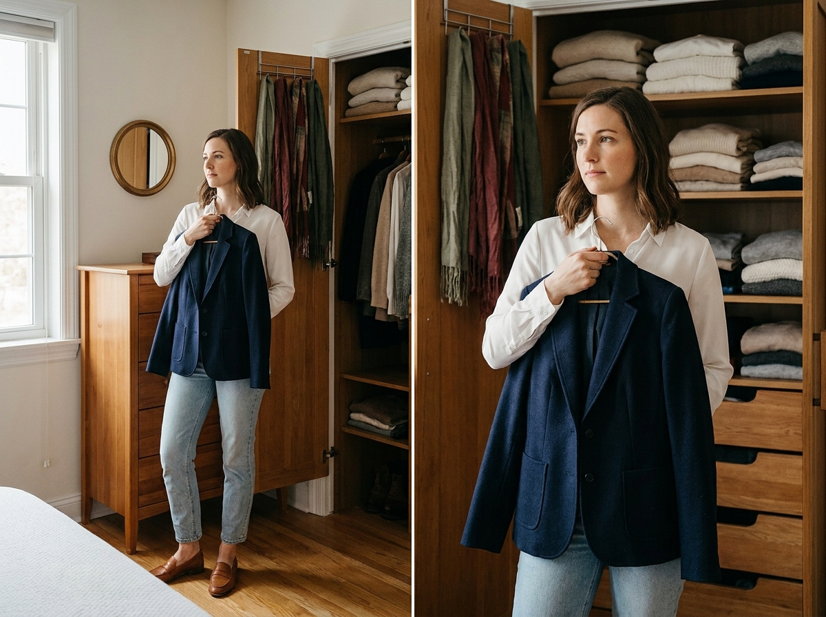 Femme choisissant une tenue stylée et abordable devant son armoire organisée avec des vêtements basiques et neutres