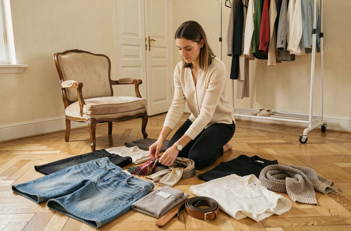Femme qui trie et organise ses vêtements au sol dans un appartement, conseils pour optimiser son corner vêtement