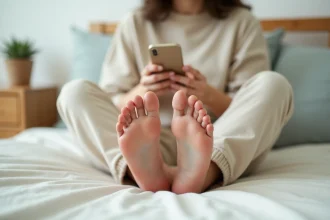 Jeune femme assise sur son lit photographiant ses pieds nus avec un smartphone pour les vendre en ligne